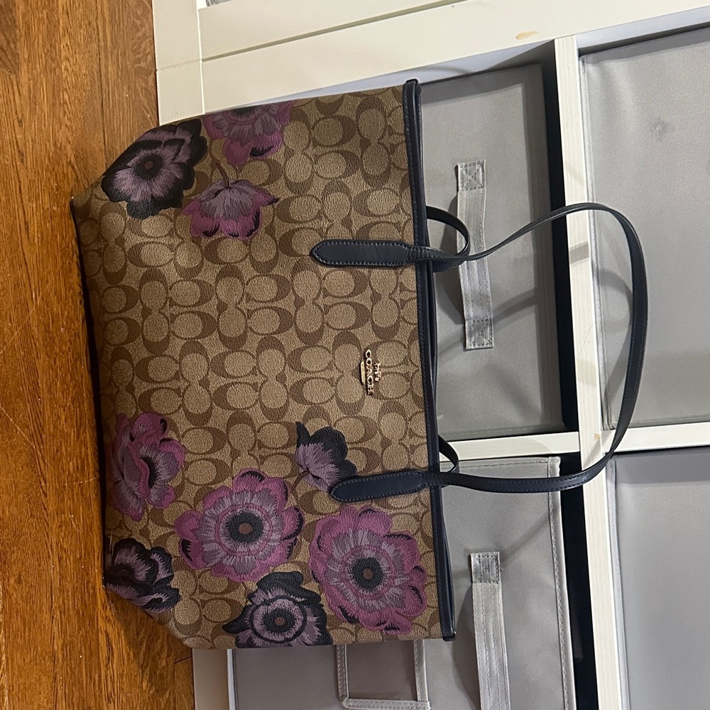 Coach Tan and Purple Floral Tote Bag